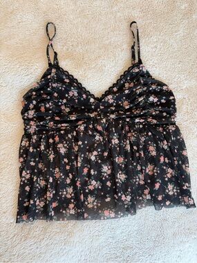 RSQ Black Floral Lace-Trim Camisole with Pink Accents